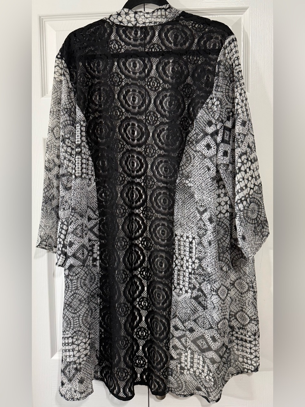 Susan Graver Black White Lace Panel Kimono Cardigan XL Open Front Boho - Picture 3 of 6